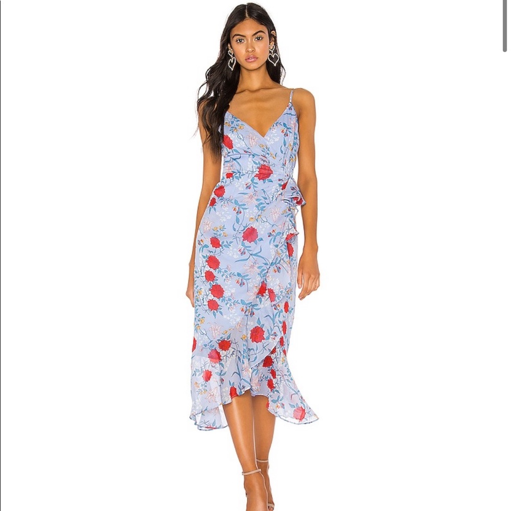 Revolve Bardot blue red midi wrap high low dress